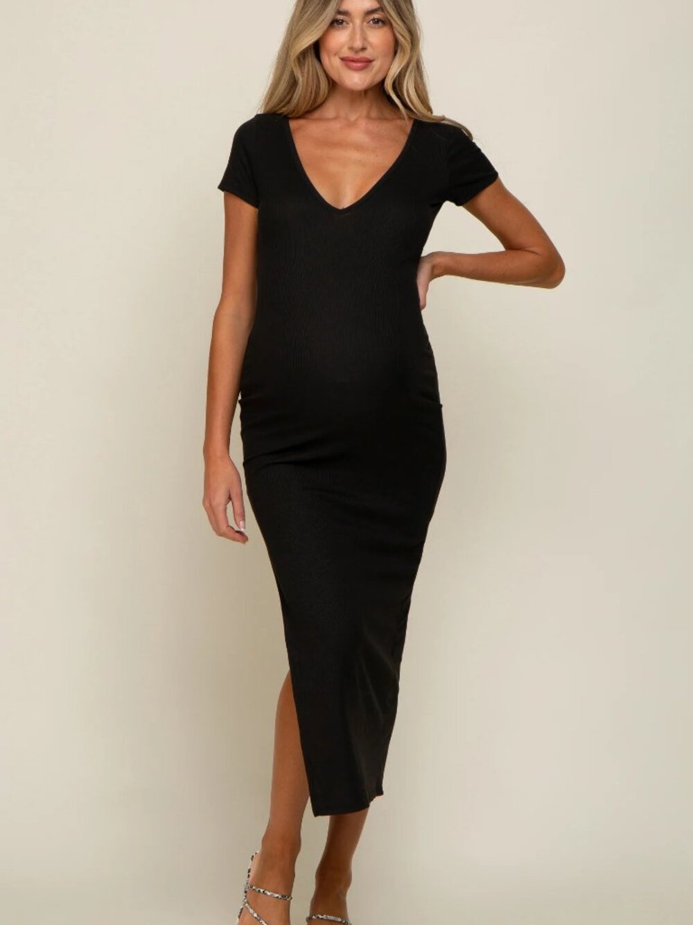 PinkBlush Black Basic Ribbed Side Slit Maternity Midi Dress
